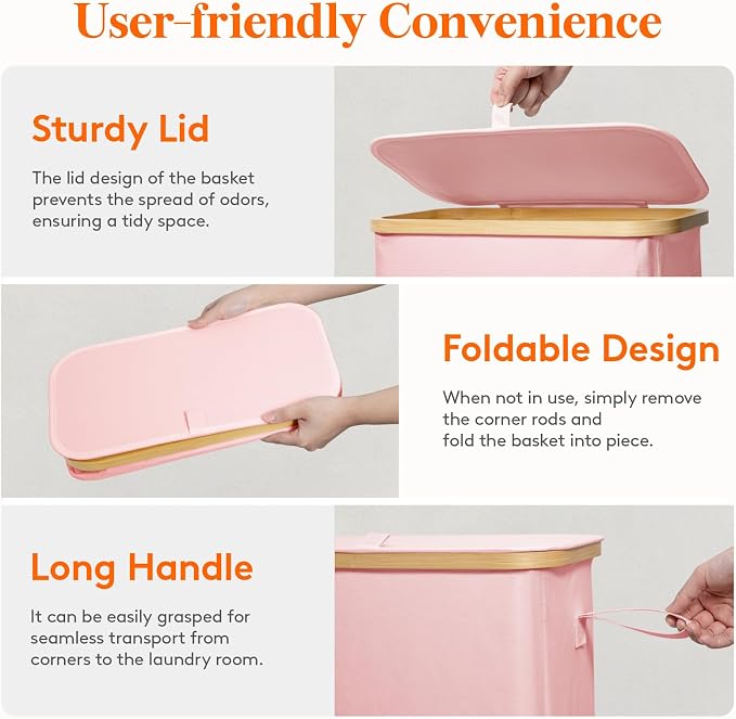 Lifewit 75L Slim Laundry Hamper with Lid, Narrow Laundry Basket with Removable Bag & Bamboo Handles, Fodable Thin Dirty Clothes Hamper for Laundry Collapsible Bin for Bathroom Bedroom Dorm, Pink - Image 5