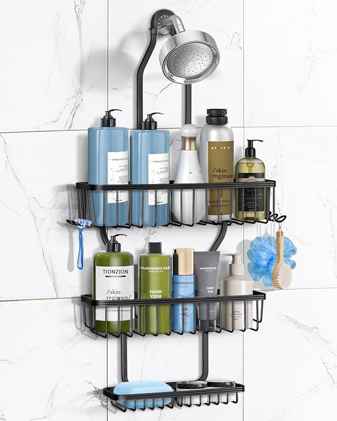 Shower Caddy Hanging - Never Rust Shower Hanging Organizer - Aluminum Over the ShowerHead Caddy with Soap Basket and 6 Hooks for Razor/Sponge (Black) by MSAICOE