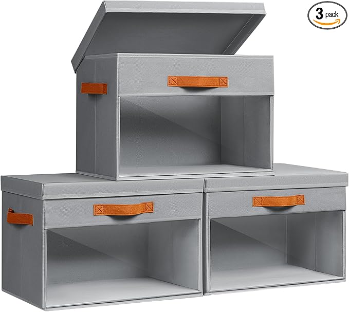 Homsorout Large Storage Bins with Lids - 3 Pack Foldable Decorative Organizers with Clear Windows & Handles, Cube Storage Organizers for Clothes, Blankets, Sweaters, Sheets, Grey by Homsorout