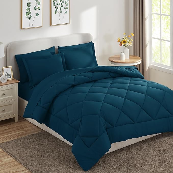 CozyLux Full Size Comforter Sets Lyons Blue - 7 Pieces Bed in a Bag Full, Luxury Soft Bed Set for All Seasons, Bedding Set with Down Alternative Comforter, Sheets, Pillowcases & Shams