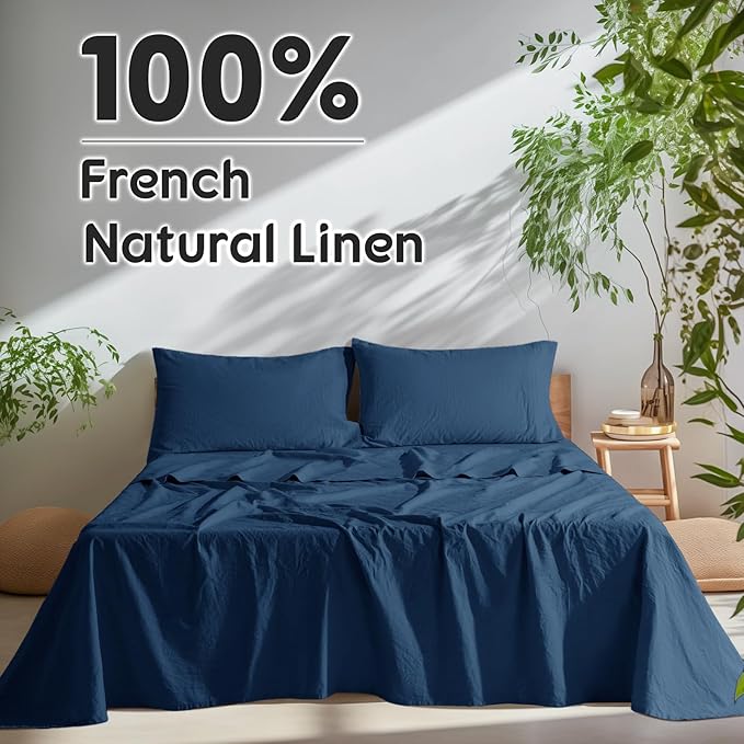 SONORO KATE 100% French Pure Linen Sheets, Breathable and Durable Line Full Size Sheets, Anti-Tear Line Bed Sheets, Machine Washable, 16 Inch Deep Pocket - 4 Piece (Navy Blue, Full)