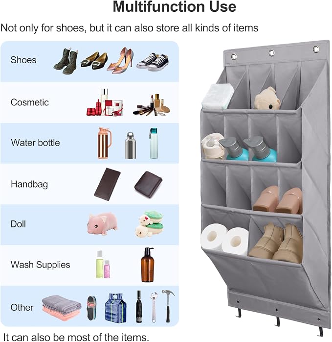 FENTEC 2 Pack Over the Door Shoe Organizer, Hanging Shoe Organizer Rack,24 Large Pockets and 4 Larger Storage Various Compartments with 6 Hooks, Home Accessories, Grey - Image 3