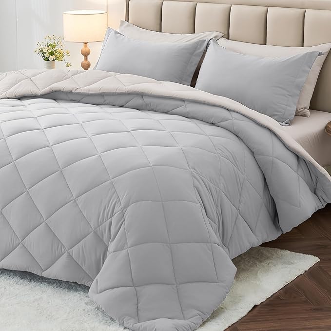 MUXHOMO 5 Pieces Twin Comforter Set, Reversible Bed in a Bag Twin Size, All Season Bedding Set with Comforter, Flat Sheet, Fitted Sheet, Pillowcases & Shams, Light Grey & Beige