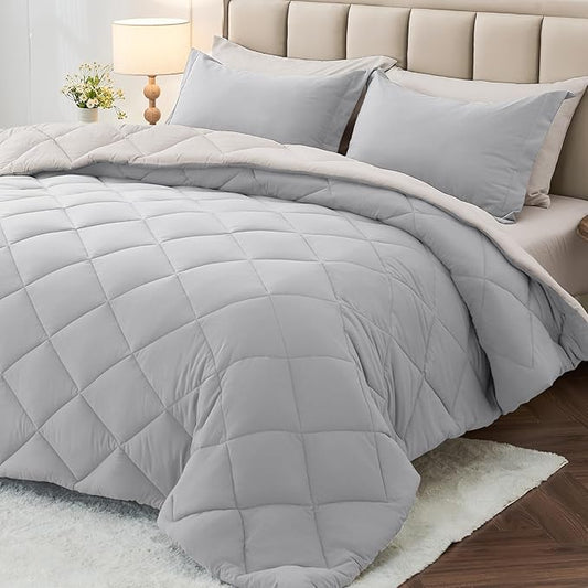 MUXHOMO 7 Pieces Full Comforter Set, Reversible Bed in a Bag Full Size, All Season Bedding Set with Comforter, Flat Sheet, Fitted Sheet, Pillowcases & Shams, Light Grey & Beige