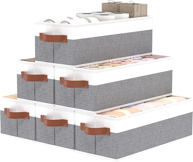 OUTBROS Storage Bins,Foldable Storage Baskets for Organizing,Fabric Storage Boxes With Handles,For bedrooms, living rooms, Shelves,Gray/White,15x6.1x5.1in,6-Pack by OUTBROS