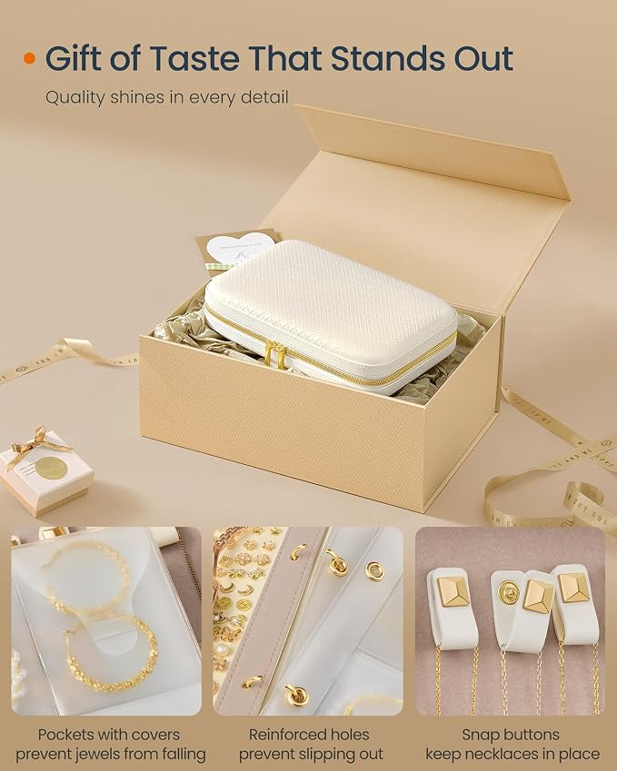 SONGMICS HOME Travel Jewelry Case, Jewelry Organizer Box with Mirror, Jewelry Pouch, Woven Embossed PU Leather, Hard Shell, Large Capacity, Gift Idea, Cloud White UJBC204W01 - Image 6