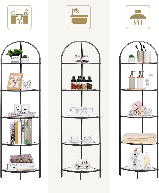 Homhedy 5-Tier Corner Shelf Stand, Metal Corner Bookshelf, Tempered Glass Shelves, Bathroom Storage Rack Shelf, Plant Stand, Modern Style, Black - Image 3
