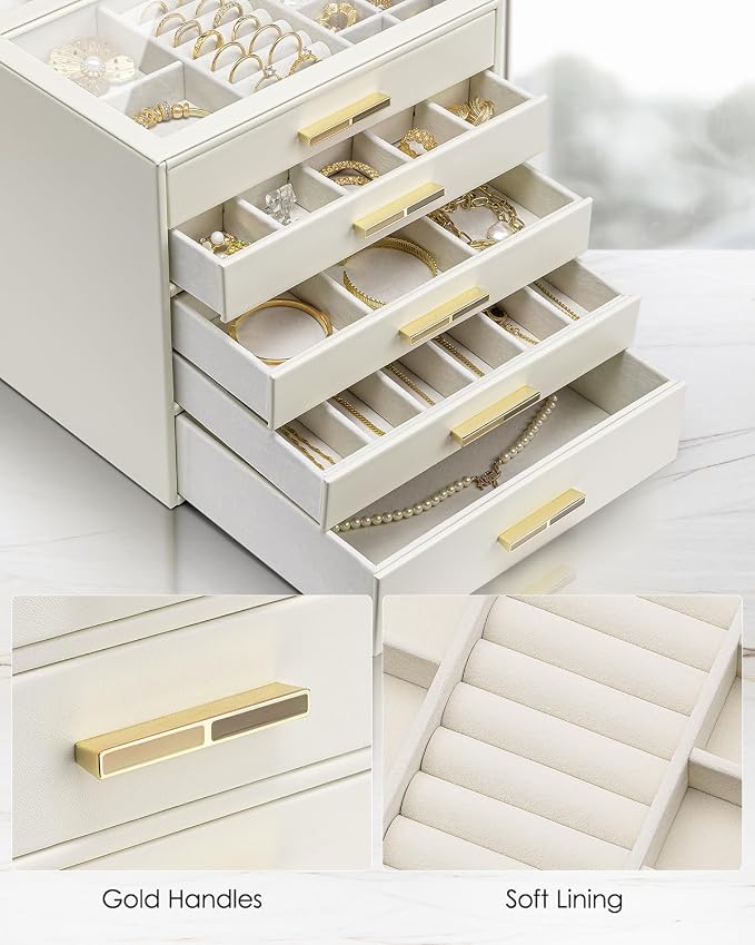 VLANDO 5 Layer Jewelry Box for Women, Glass Lid Jewelry Organizer with 5 Drawers for Necklaces Rings Earrings Bracelets - Cloud White - Image 6