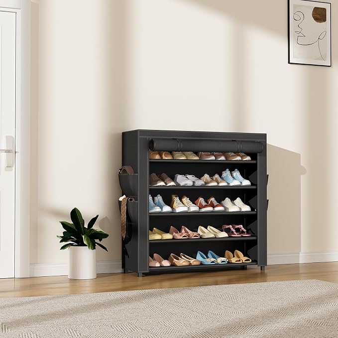 LANTEFUL Shoe Rack with Covers 5 Tier Tall Shoe Rack Organizer Large Capacity Shoe Shelf Storage 20-24 Pairs Space Saving Free Standing Shoe Storage Organizer for Closet, Entryway, Dorm, Black - Image 2
