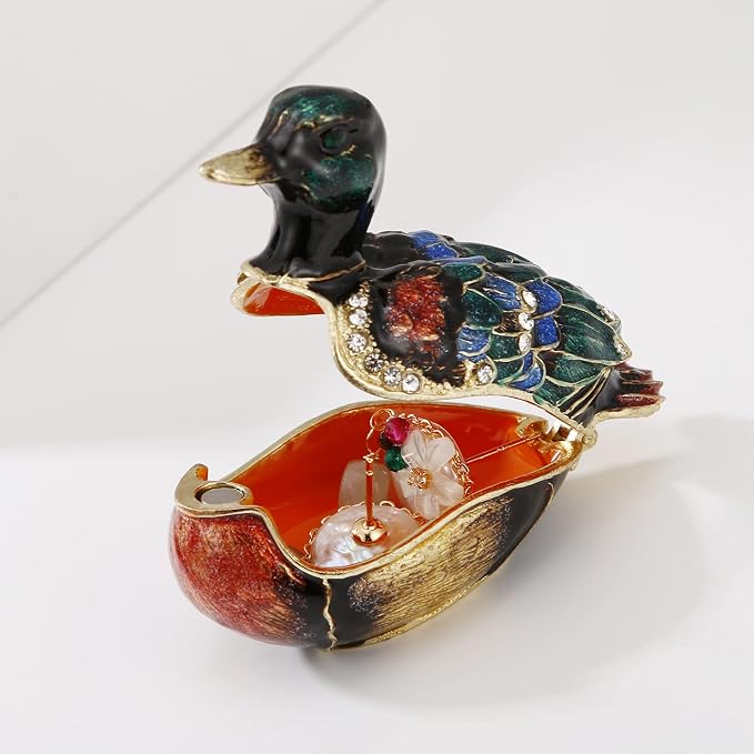 Hand Painted Enamel Duck Trinket Box for Home Decor, Hinged Jewelry Organizer for Ring Earrings, Unique Figurine Keepsake Collectible Personalized Elegant Handmade Ornament Gifts (Green Duck) - Image 3