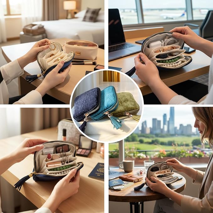 Travel Jewelry Case Organizer for Women - Portable Jewelry Box with 5 Small Pouches, Multi-Compartment Design for Secure Storage, Ideal for Travel, Daily Use (Dark blue) - Image 7