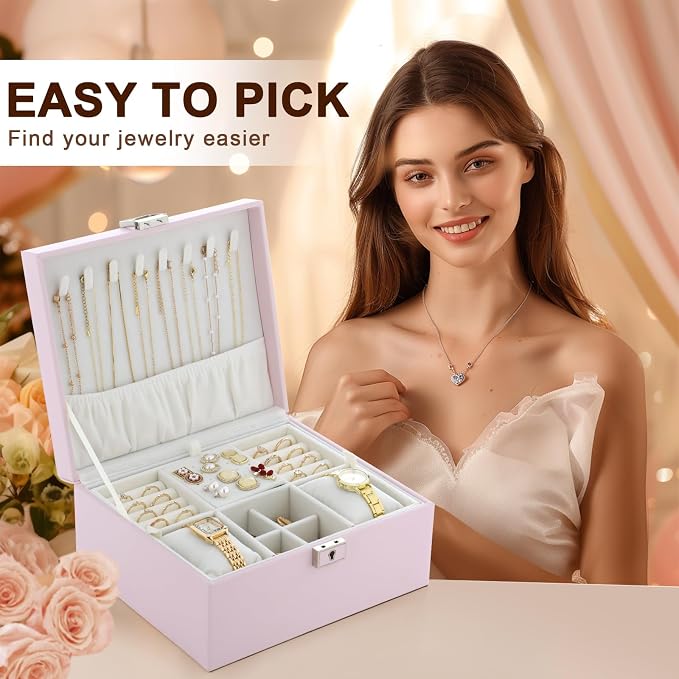 Jewelry Organizer Boxes for Women,Travel Jewelry Case, 2 Layers Removable Jewelry Box,Storage for Necklace, Bracelet, Earring,Rings,Jewelry Box Gifts for Women Girls - Image 3
