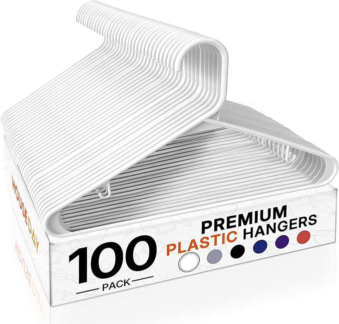 HOUSE DAY White Plastic Hangers 100 Pack, Plastic Clothes Hangers with Built-in Hooks, Durable and Strong Coat Hangers for Closet, Space Saving Clothing Hanger for Shirts, Coats, Skirt, Dress by HOUSEDAY