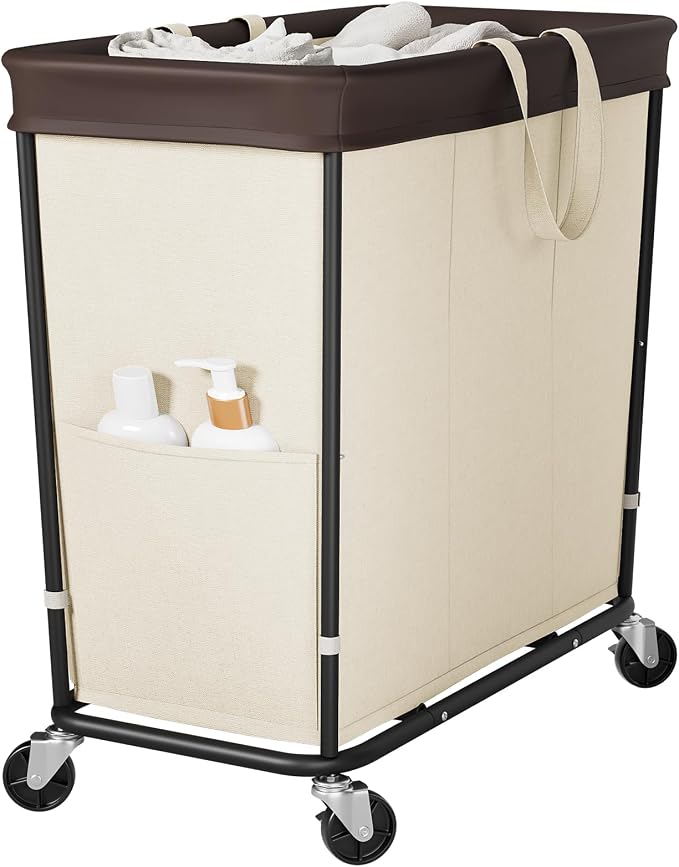 320L Laundry Basket with Wheels, 3-Section Rolling Hamper for Laundry, Extra Large Laundry Hamper with Wheels, Clothes Hamper Rolling Laundry Basket for Home, Bathrooms and Dorm(Beige) by Wawocs