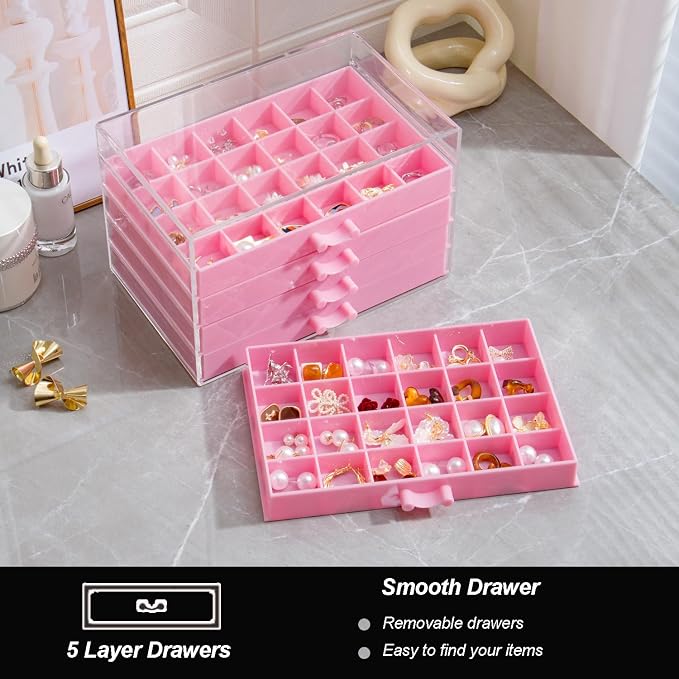 YUFONG Earring Storage Box Organizer, Acrylic Jewelry Storage Box Holder 5 Drawers Transparent Jewelry Display Stand with 120 Small Compartments Gift Boxes for Women Girls (Pink) - Image 4