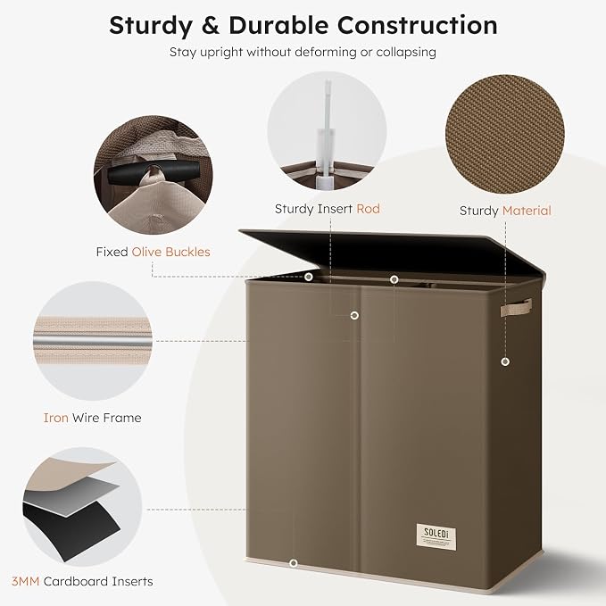 SOLEDI Large Double Laundry Hamper with Lid, Collapsible Clothes Hamper 2 section with Removable Bags, Space-Saving Laundry Basket for Bedroom, Dorm, College - Image 7