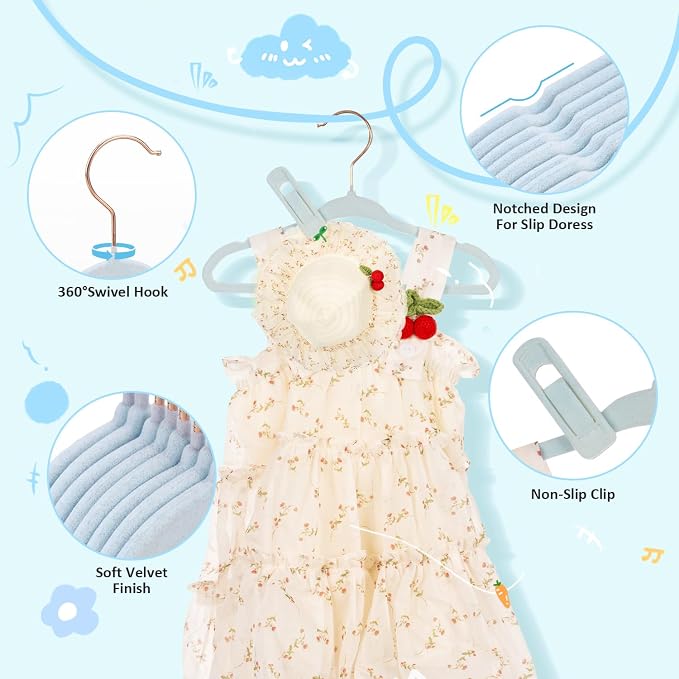 Tonswachic Baby Hangers 50 Pack - 11 Inch Premium Velvet Non Slip Kids Hanger for Infant & Toddler Clothes - 0.2" Ultra Thin Baby Closet Hangers with 10 Hanger Clips - Blue - Image 3