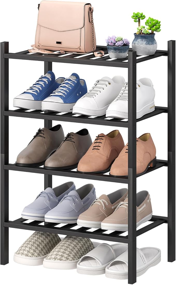 viewcare Black Small Shoe Rack for Entryway, 4-Tier Bamboo Shoe Organizer for Hallway Closet, Free Standing Shoe Racks for Indoor Outdoor by VIEWCARE