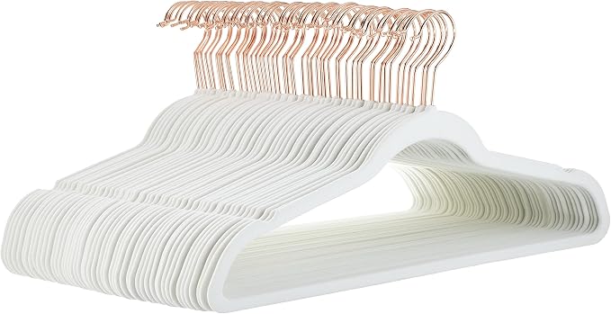 Amazon Basics Slim Velvet Non-Slip Space Saving Suit Clothes Hangers, Closet Organizer, Sturdy Construction, Ivory/Rose Gold, 50-Pack by AmazonBasics