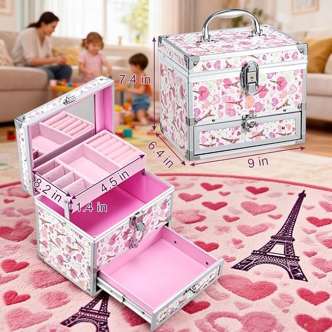 Hododou Girls Jewelry Box Organizer with Drawer & Mirror, Shiny Pink Style Lockable Storage Case for Kid or Little Girls Jewelry and Hair Accessories Pink Tower - Image 7