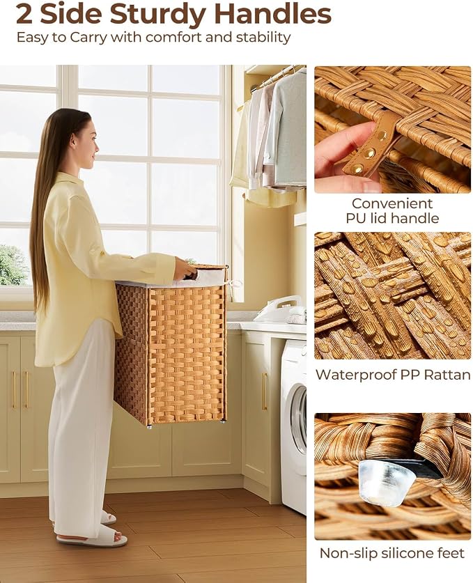 Greenstell Laundry Hamper with lid, No Install Needed, 130L Wicker Laundry Baskets Foldable 2 Removable Liner Bags, 2 Section Clothes Hamper Handwoven Rattan Laundry Basket with Handles, Natural - Image 4