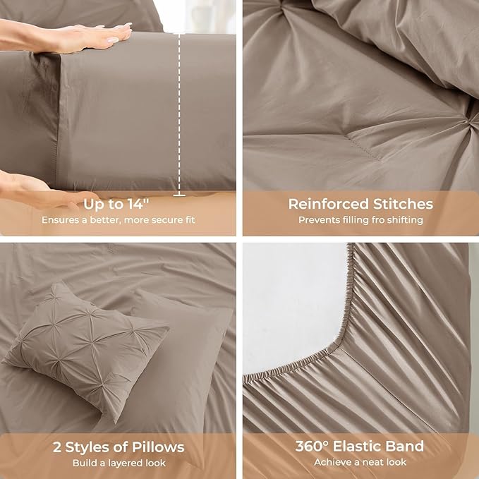 Sasttie Twin XL Comforter Set, 5-Piece Bed in a Bag, Pintuck Bedding Sets for All Season, Includes Comforter, Flat Sheet, Fitted Sheet, Pillowcase and Pillowsham, Dark Linen