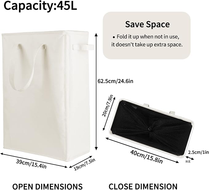 Odonata Slim Laundry Hamper Handles Collapsible Laundry Basket Thin Dirty Clothes Basket Narrow Laundry Bag Foldable Dirty Hamper 45L (Beige) - Image 2