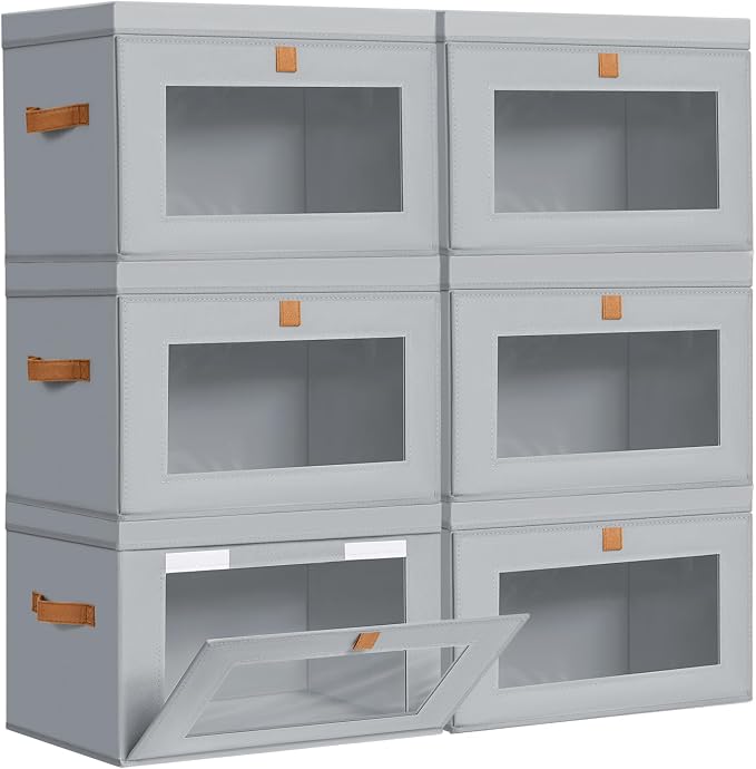 DIMJ Storage Bins with Lids - 6 Pack Large Fabric Closet Organizer with Window & Handles, Collapsible Decorative Storage Boxes for Shelves Under Bed, Books Clothes Blankets Sweaters Organization by DiMJ