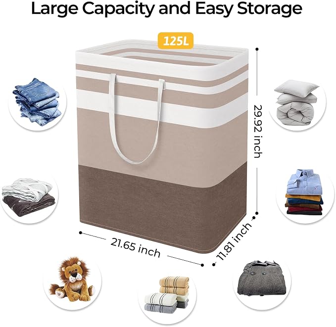 HomeHacks 2-Pack Large Laundry Basket, Waterproof, Freestanding Laundry Hamper, Collapsible Tall Clothes Hamper with Extended Handles for Clothes Toys in the Dorm and Family (Brown, 125L) - Image 4
