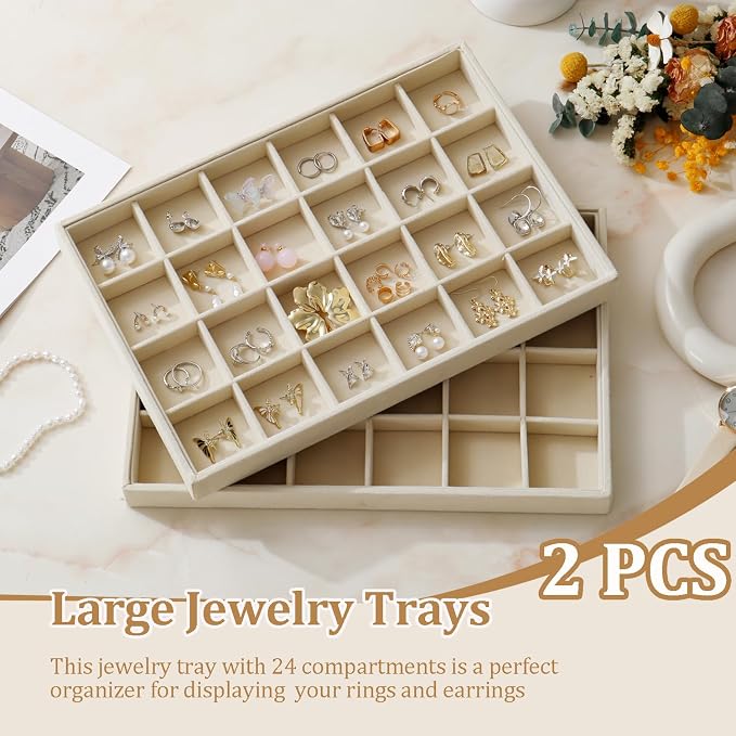 Large Velvet Jewelry Tray 2 Pack Stackable Jewelry Display Drawer Inserts Trays Organizer for Earring Bracelet Necklace Ring (Beige, 24 Grids) - Image 2