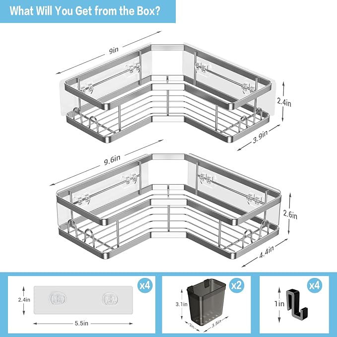 Corner Shower Caddy Bathroom Organizer: AKTECKE 2 Pack Adhesive Shelf Decor- No Drilling Stainless Steel Storage Rack with Hooks and Toothpaste Holder - Accessories Stuff - Image 4