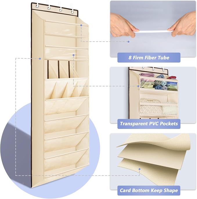 FENTEC 1 Pack Over The Door Shoe Organizer, 68" Exlarge Deep Pockets Hanging Shoe Organizers, 8-Tier Shoe Rack for Closet, Shoe Holder for Boots,Over Door Organizer in Home, RV, Dorm, Beige - Image 3