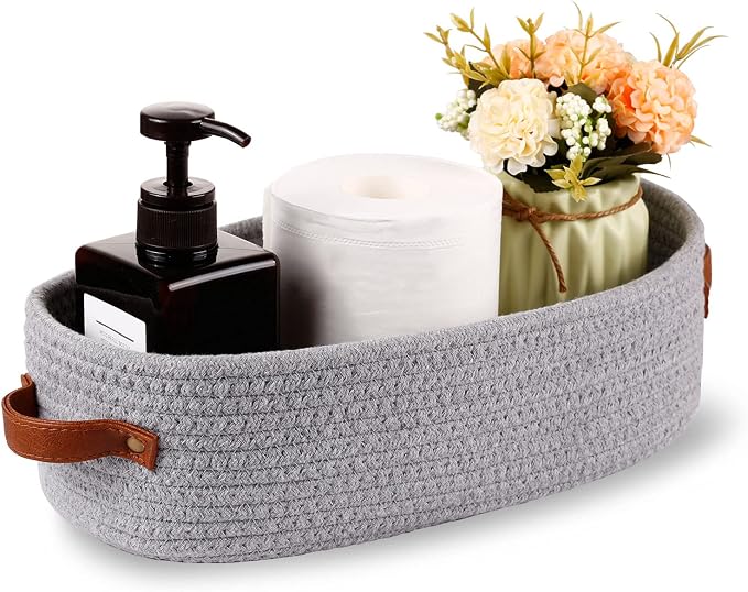 Cotton Rope Small Woven Toilet Paper Room Storage Basket with Handles for Bathroom, 13"x5.9"x4" Gary by Oradrem