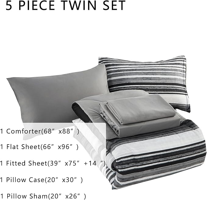 KAKIJUMN 5 Piece Bed in a Bag Stripe Comforter Set Twin Size, White Grey Black Patchwork Striped Comforter and Sheet Set, All Season Soft Microfiber Complete Bedding Sets(Grey,Twin)