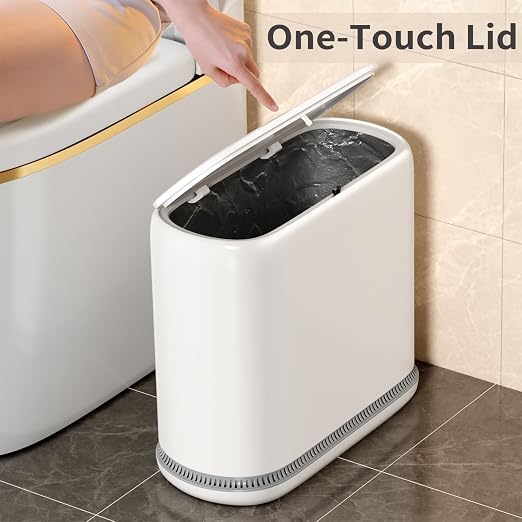 Small Bathroom Trash Can with Lid, 3 Gallon Slim Garbage Bin with Pop-Up Lid & Air-Pressure Bag Lock, Mini Waste Basket for Bathroom, Bedroom, Kitchen, Office, Rv, White - Includes 75 Bags (5 Rolls) - Image 4