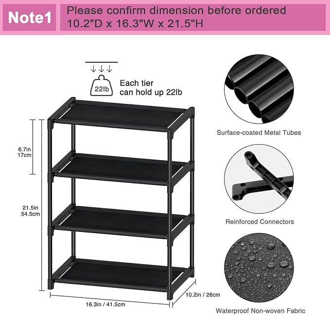 Autonomier 4 Tier Extra Small Shoe Rack (16.3" Wide), Narrow Stackable Kids Toddler Adult Shoe Storage Organizer Shelf for Closet Floor Entryway Bedroom, Space Saver Shoe Rack Organization Shelves - Image 3