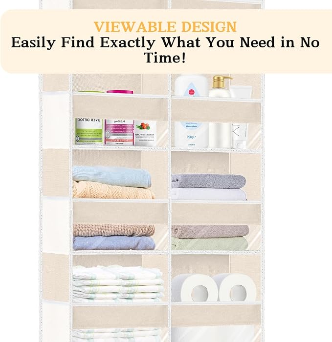 Ofiray-home Over the Door Organizer 6 Tiers, Extra Large Behind Door Storage of 12 Compartments,80 lbs Weight Capacity Hanging Storage Organizer with Clear Window Kids Toys, Shoes, Diapers,Beige - Image 4
