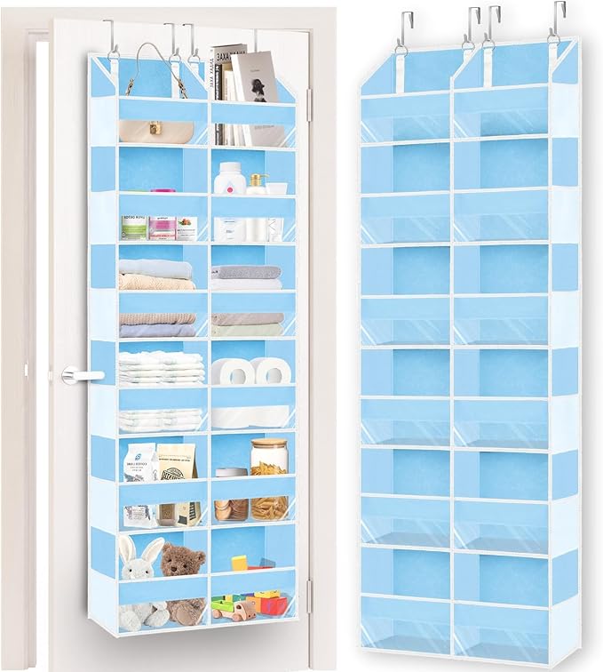 Over The Door Organizer 6 Tiers, Extra Large Behind Door Storage of 12 Compartments, 80 lbs Weight Capacity Hanging Storage Organizer with Clear Window Kids Toys,Shoes,Diapers,Room Storage,Blue by Ofiray-home