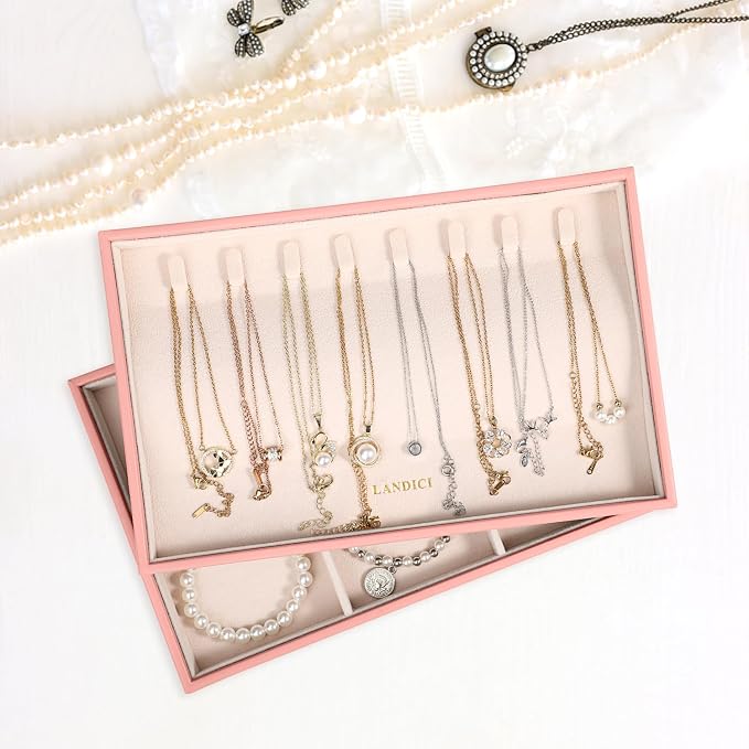 LANDICI Stackable Jewelry Organizer Trays 4 Set,PU Leather Jewelry Organizer Drawer,Jewelry Storage Display Tray for Earring Necklace Rings Bracelet with Removable Dividers,Pink - Image 6
