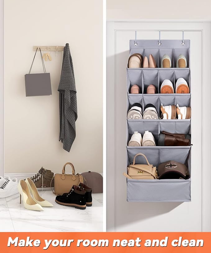 FENTEC 1 Pack Over-the-Door-Shoe-Organizers,Hanging Organizers with Large Pocket Shoe Holder Hanging Shoe Rack for Closet Shoe Organizer for Wall, Over Door Organizer with 15 Pockets Gray - Image 8
