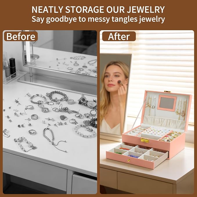 coobest Jewelry Box, 2 Layer Jewelry Organizer with Velvet Earring Organizer, Jewelry Holder Organizer Travel, White Jewelry Boxes for Women, Jewelry Boxes & Organizers for Girls, pink - Image 4