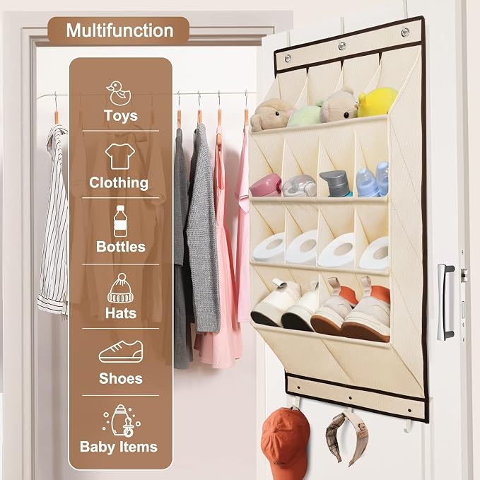 FENTEC 2 Pack Over the Door Shoe Organizer, Hanging Shoe Organizer, 28 Large Deep Pockets Door Shoe Rack with 6 Hooks Shoe Organizer for Shoes, Sneakers, and Home Accessories, Beige - Image 6