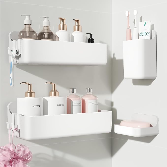 Nieifi Adhesive Wall Shelf, Shower Shelves, Shower Organizer for Bathroom Organization (White, 4 pieces) by Nieifi