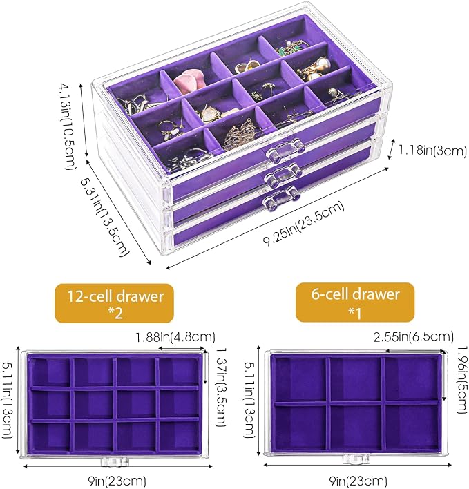 ProCase Earring Holder Organizer Jewelry Box with 3 Drawers, Acrylic Clear Earring Case with Adjustable Velvet Trays for Women - Purple, 3 Layers - Image 4