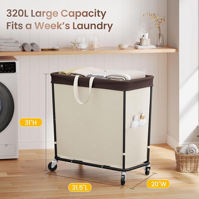 320L Laundry Basket with Wheels, 3-Section Rolling Hamper for Laundry, Extra Large Laundry Hamper with Wheels, Clothes Hamper Rolling Laundry Basket for Home, Bathrooms and Dorm(Beige) - Image 2