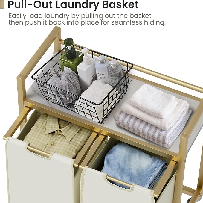 SwaaVee Laundry Hamper, Laundry Basket, Laundry Sorter with 3 Removable Bags, Clothes Basket with 3 Compartments, Wheels, Shelf for Laundry Room Bathroom Bedroom (2 Bags-Golden) - Image 5