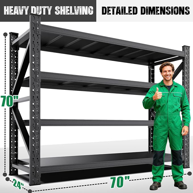 Heavy Duty Garage Shelving,7000LBS Capacity Metal Storage Shelves,4-Tier Adjustable Industrial Shelving Unit,Steel Rack for Warehouse,Garage,Workshop(70" H*70" W*24" D) Black - Image 3