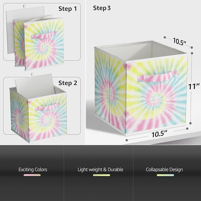 Sorbus 11 Inch Fabric Storage Cubes - Sturdy Collapsible Storage Bins & Handle - 6 Foldable Baskets for Organizing Clothes - Multi Colored Storage Baskets for Shelves (Light Tie-dye, 11 Inch) - Image 3