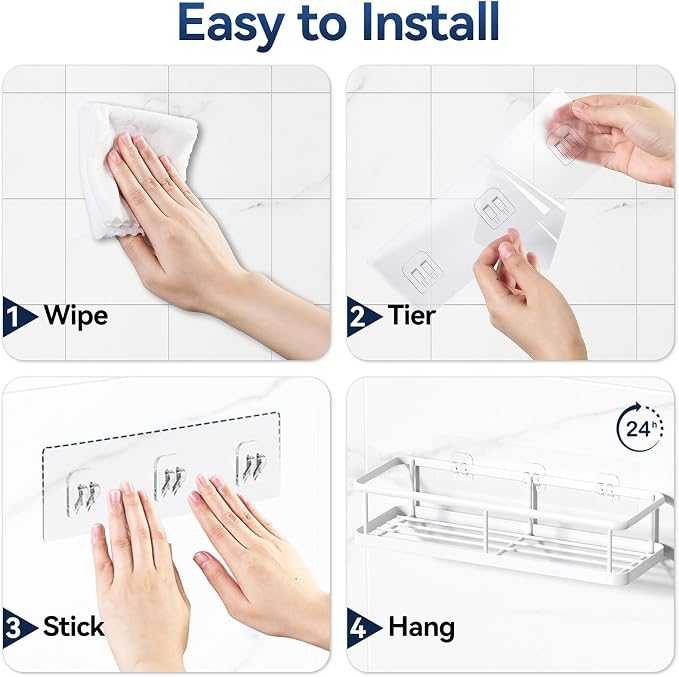 YASONIC Shower Caddy Adhesive, No Drill Bathroom Shower Organizers, with Removable Hooks, Rust Proof Shower Shelves, Wall-Mounted Shower Holder, White, 2 Pack - Image 8