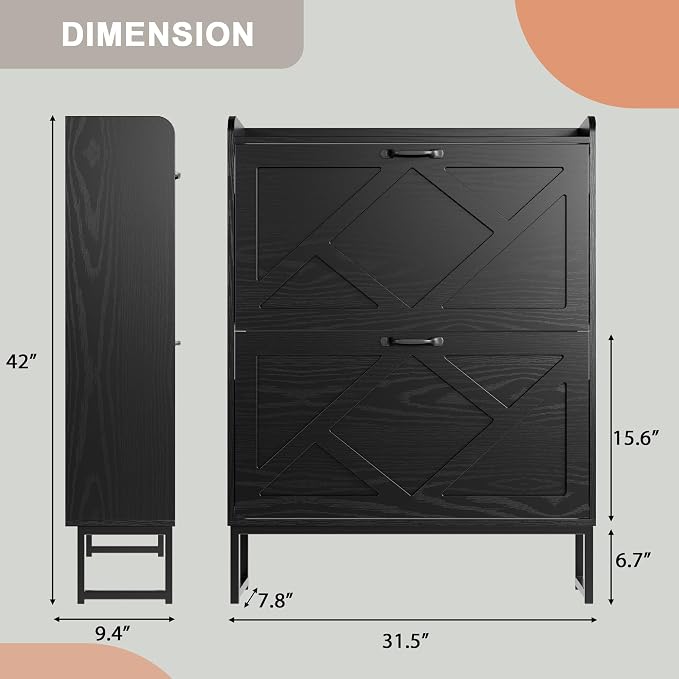 Nicetree Shoe Storage Cabinet with 2 Flip Drawers, Freestanding Shoe Organizer, Shoe Cabinet with Metal Legs, Farmhouse Slim Shoe Cabinet for Entryway, Foyer, Hallway, Black - Image 2